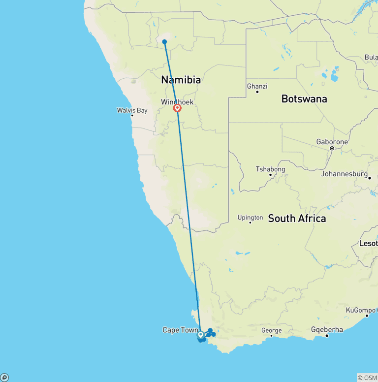 Map of 7-Day Cape Town & Etosha National Park Safari