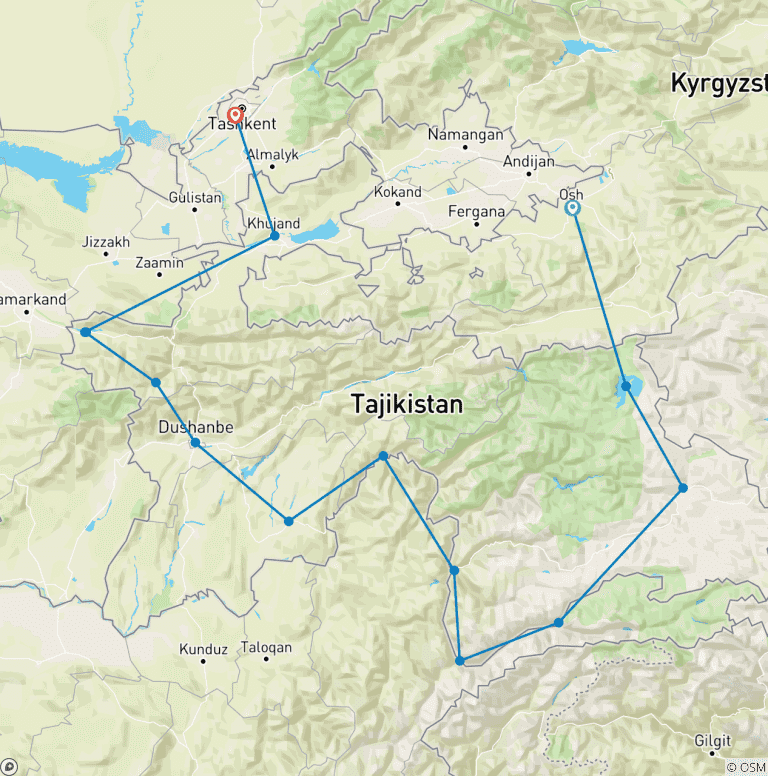 Map of The Pamir Highway & The Silk Road (14 days)