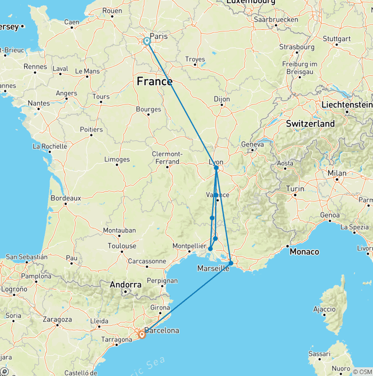 Map of 14-Day French Elegance & Spanish Charm with All-Inclusive Rhône River Cruise