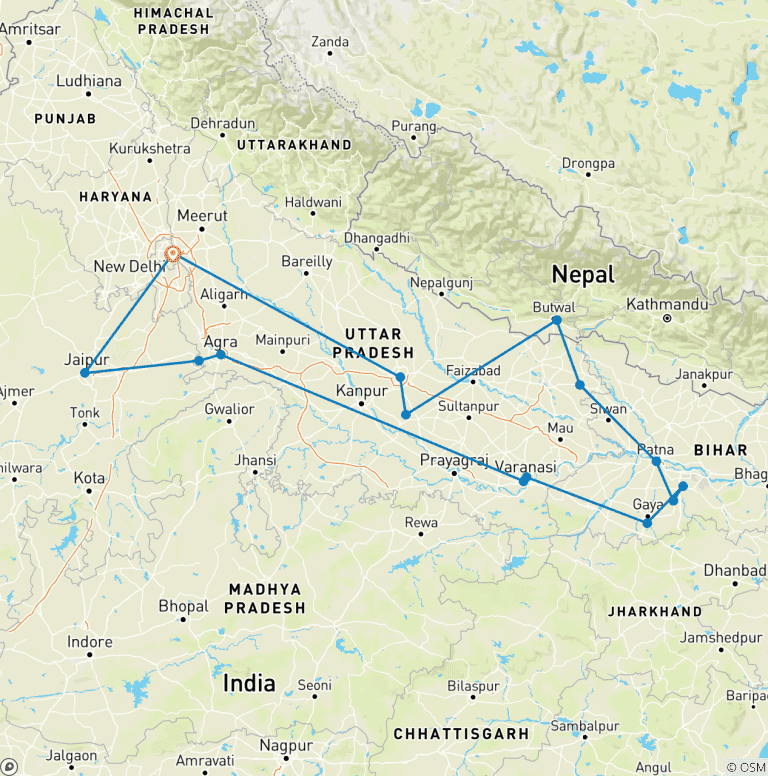 Map of Golden Triangle & Buddhist Pilgrimage Trails By G Experiences