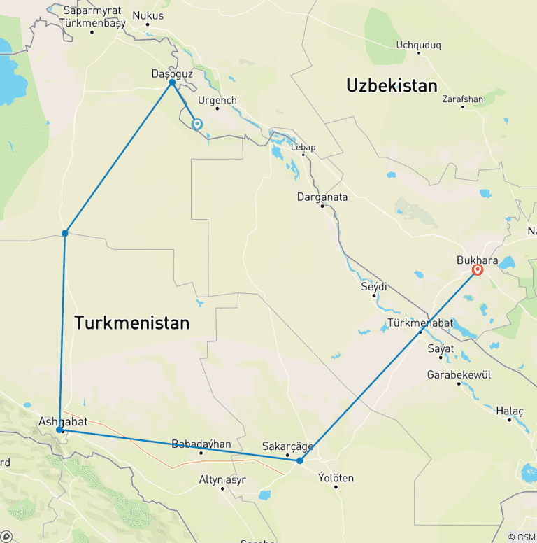 Map of Explore Turkmenistan Four Days From Darvaza to Ashgabat