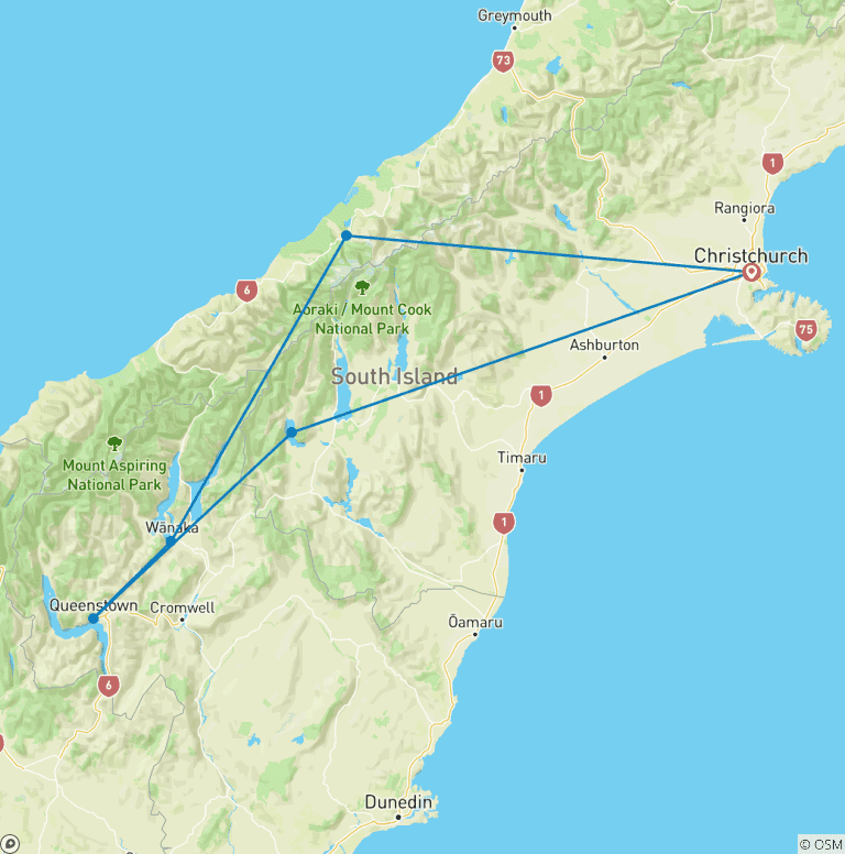 Map of Southern Wonders of New Zealand – 10 Day Journey