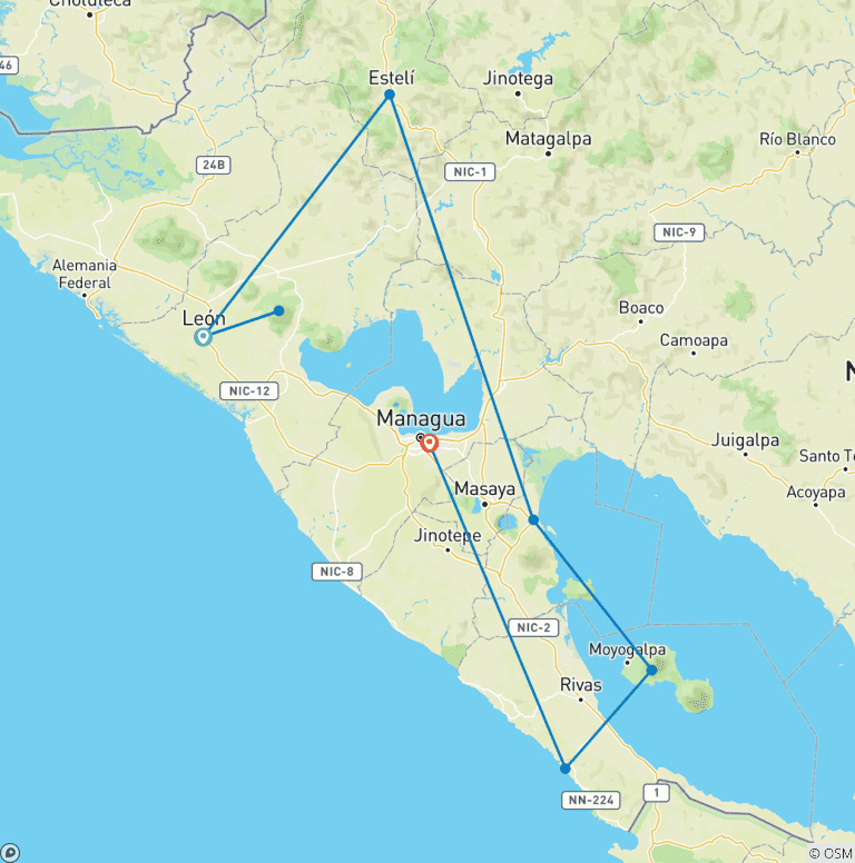 Map of 12 Days Exclusive Trip to Nicaragua: Culture, Nature, and Adventure