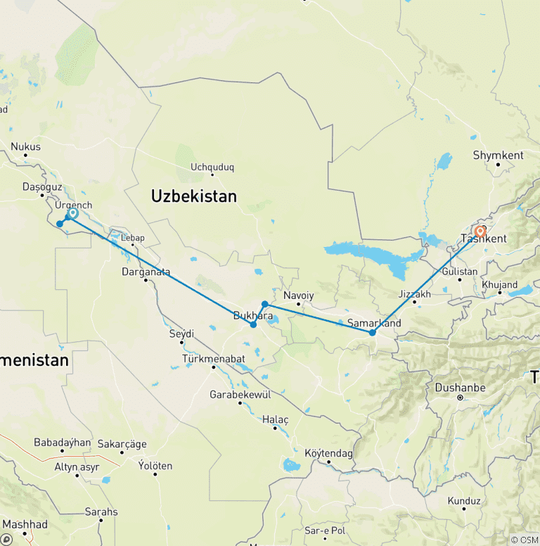 Map of Uzbekistan Private Cultural & Desert Tour – 7 Days