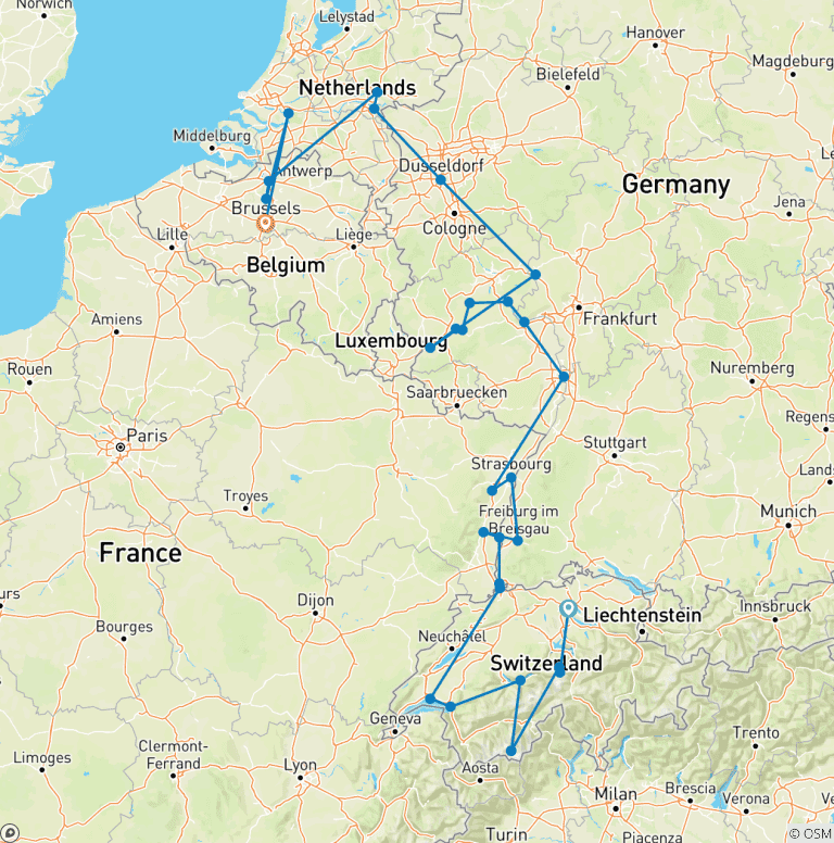 Map of Romantic Rhine & Moselle with Iconic Switzerland & Enchanting Belgium 2027 - 30 Days