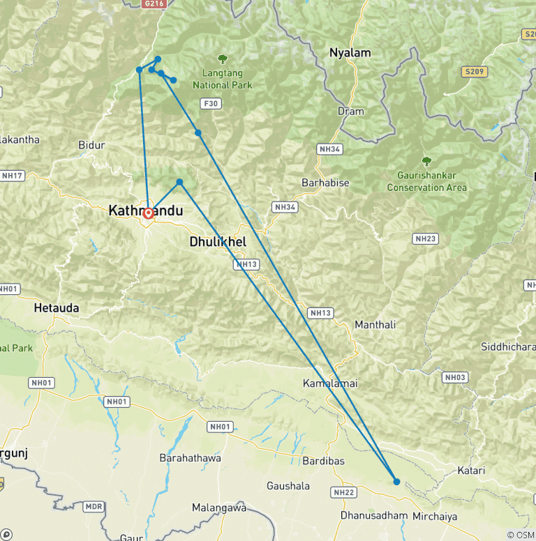 Map of Langtang Cultural Tour With Gosainkunda - 10 Days