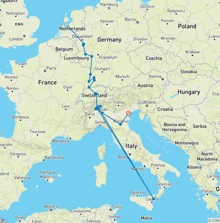 Map of Rhine and Moselle with Swiss and Italian Lakes Amsterdam → Venice (2027)
