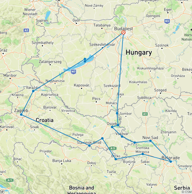 Map of Lake Balaton, the authentic Sava and the majestic Danube (port-to-port cruise)