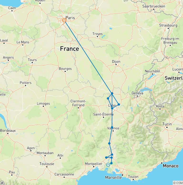 Map of Sensations of Lyon and Provence & Paris 2026|2027 - 10 Days