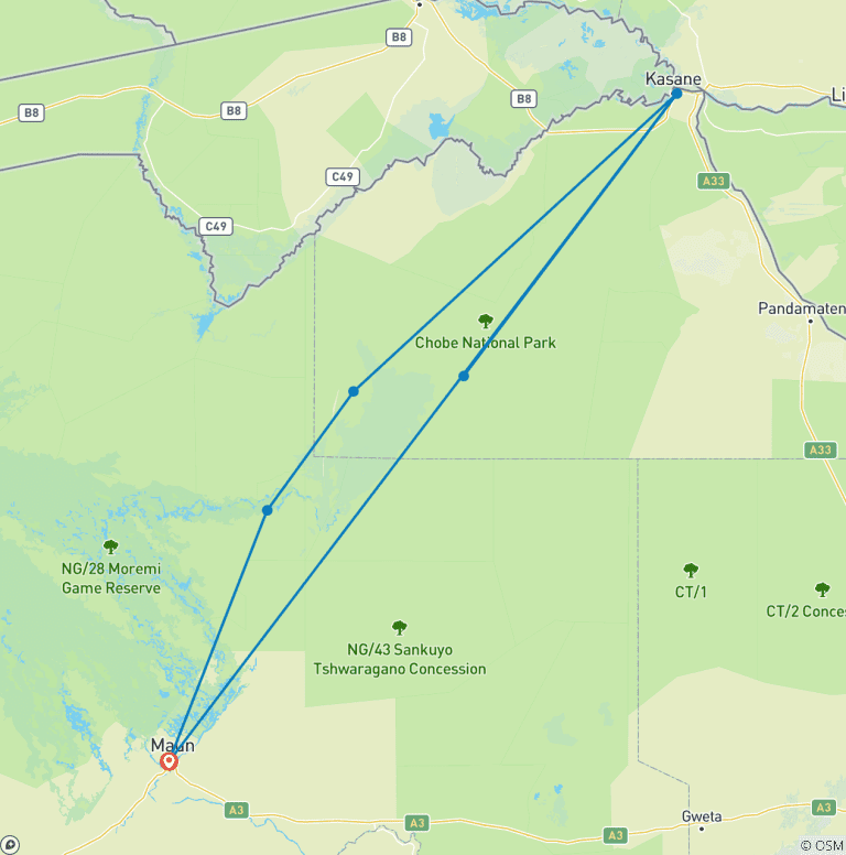 Map of 7-Day Ultimate Mobile Safari: Samahudu, Khwai, Savuti & Kasane