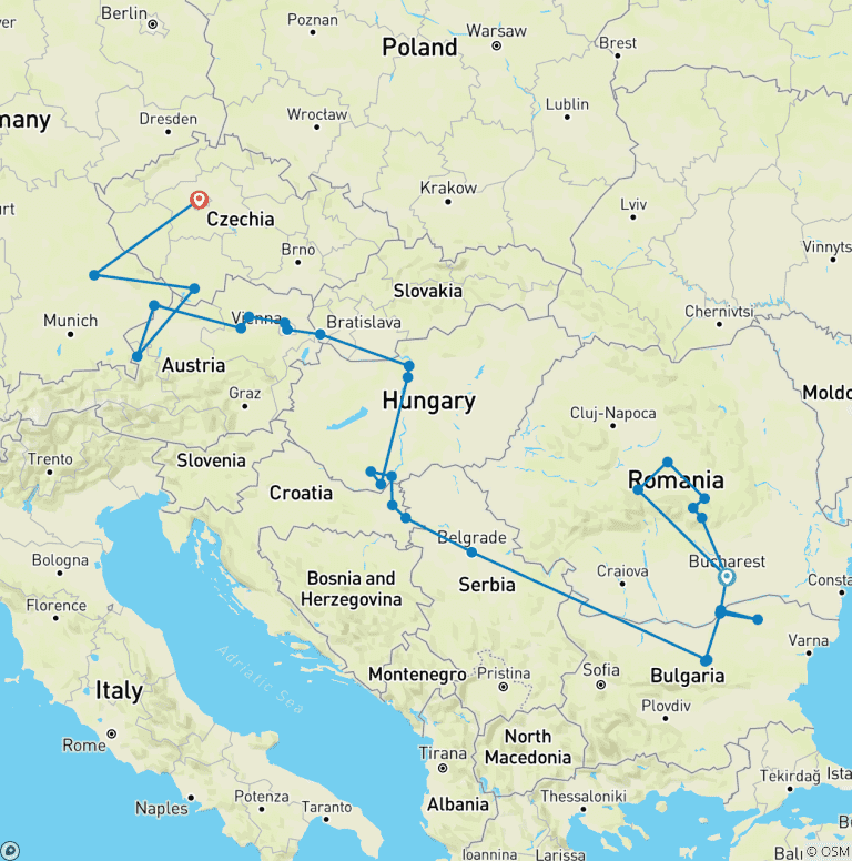 Map of Eastern Europe & Balkans Unveiled & Gems of the Danube with Transylvania & Prague 2027 - 23 Days (32 destinations)