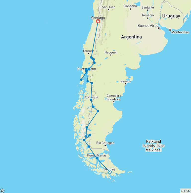 Map of Patagonia Overland: Ushuaia to Santiago