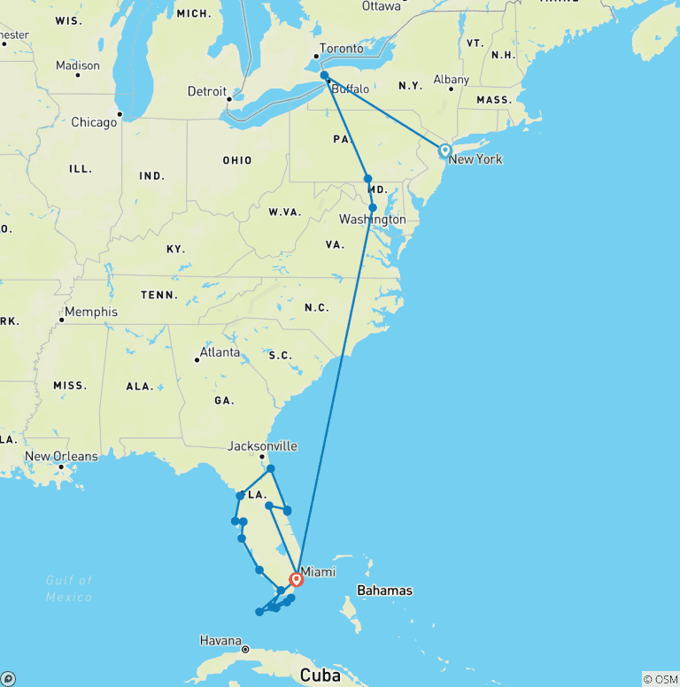 Map of North to South New York to Miami - 13 days