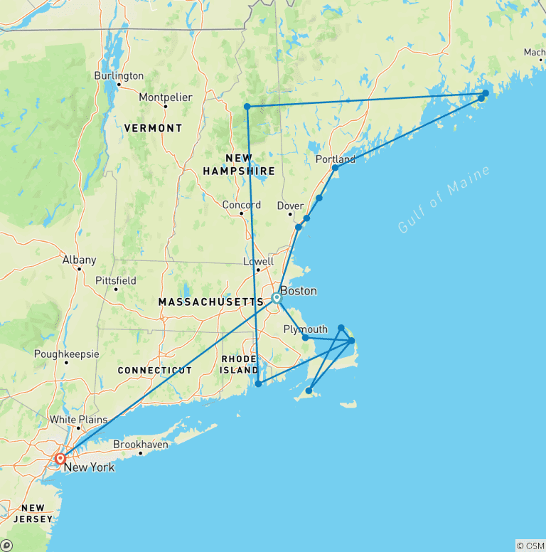 Map of New England, White Mountains, Cape Cod & New York - 12 days