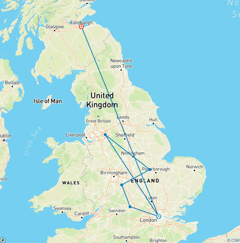 Map of 14 Days from London to Edinburgh by Train: Palaces, Football & Harry Potter Highlights