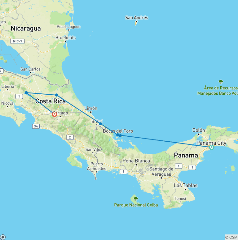 Map of Panama & Costa Rica: Caribbean Coasts, Rainforests & Volcanoes (Multi county)