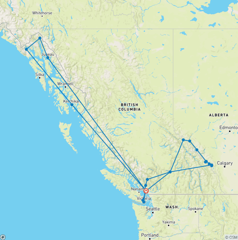 Map of Spectacular Rockies and Alaska Inside Passage Cruise