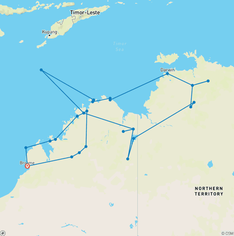 Map of Kimberley and Top End with Kimberley Coastal Expedition Broome → Broome (2027)