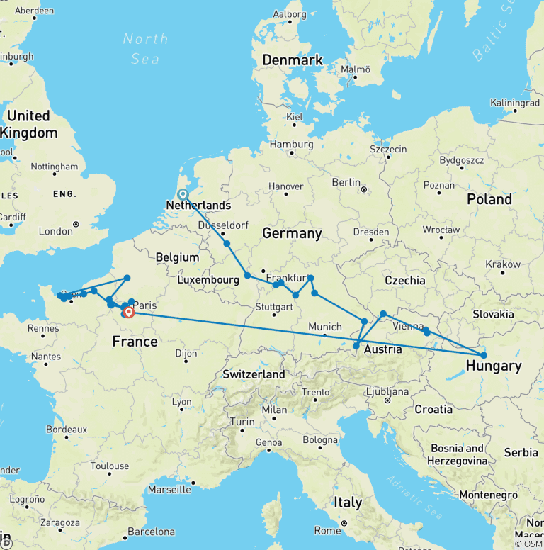 Map of Jewels of Europe & Normandy & Gems of the Seine 2027 - 25 Days (45 destinations)