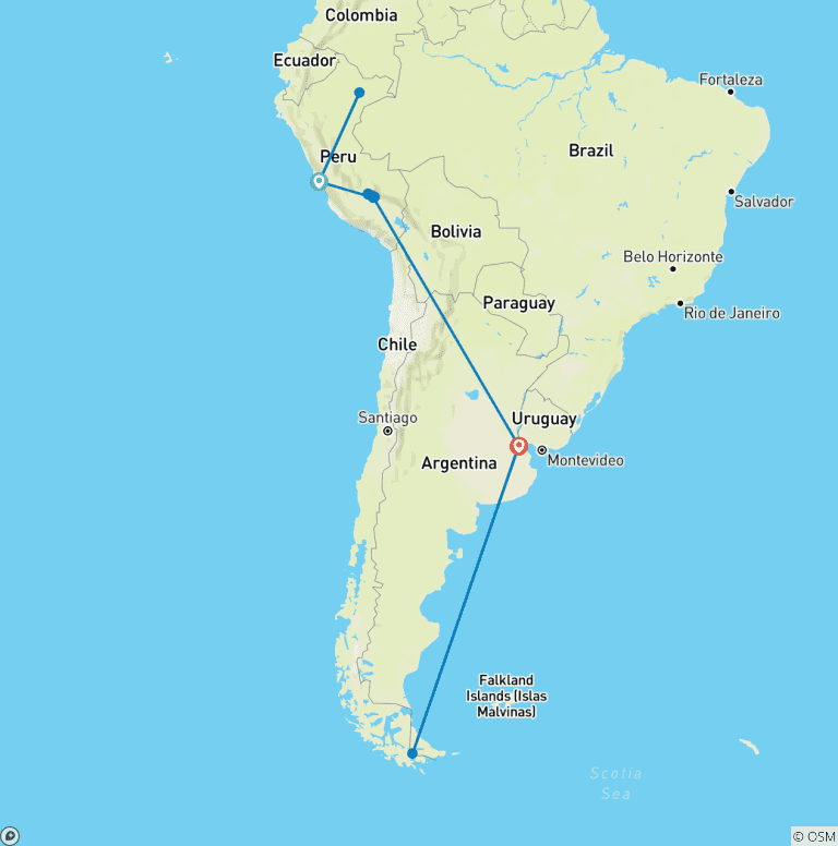 Map of Wonders of Machu Picchu, the Amazon & Antarctica - Cruise & Land Journey 2028 - 29 Days