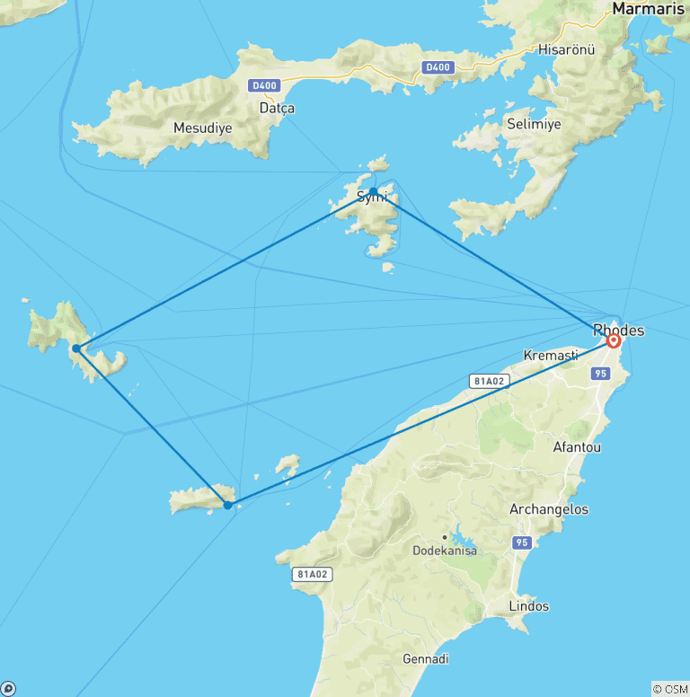 Map of 8-Day Rhodes, Nanou Bay, Symi, Tilos & Chalki Gulet Escape