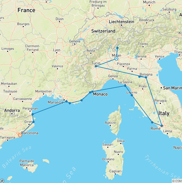 Map of Icons of Italy & the French Riviera - Cruise & Land Journey
