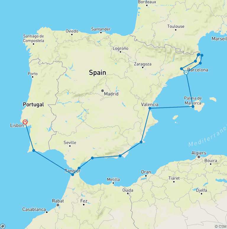 Map of Catalonia, Iberia & Morocco - Cruise & Land Journey