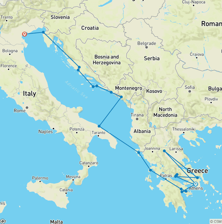 Map of Wonders of Ancient Greece & the Adriatic - Cruise & Land Journey