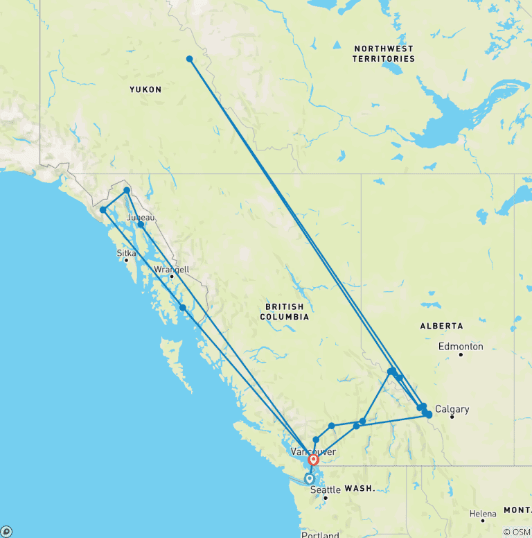 Map of Icons of Western Canada & Alaskan Cruise 2027 - 22 Days (from Victoria to Vancouver)