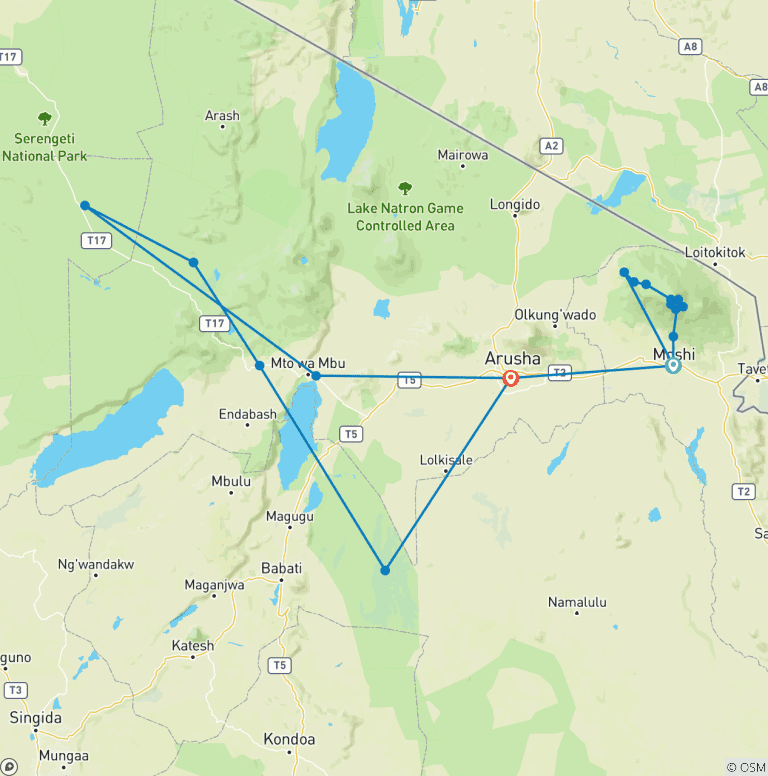 Map of Tanzania: Kilimanjaro's Lemosho Route & Serengeti Safari