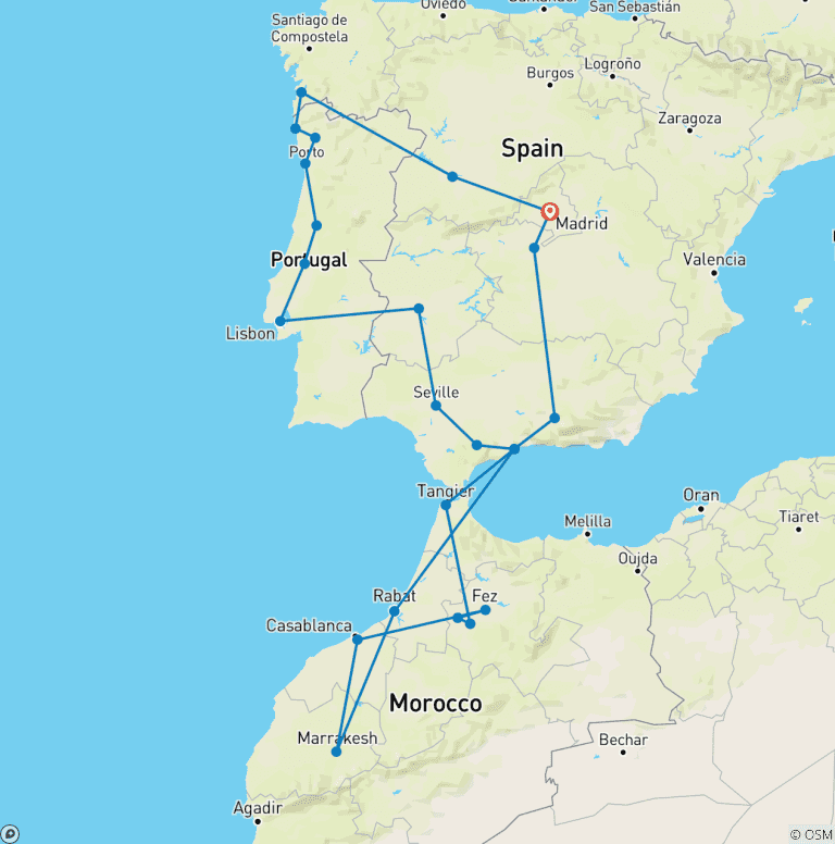 Map of 21-Day Madrid, Spain, Portugal & Morocco