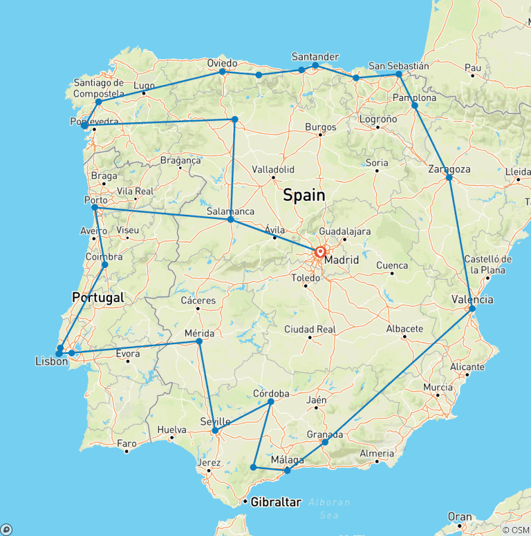 Map of 23-Day Spain & Portugal from Madrid