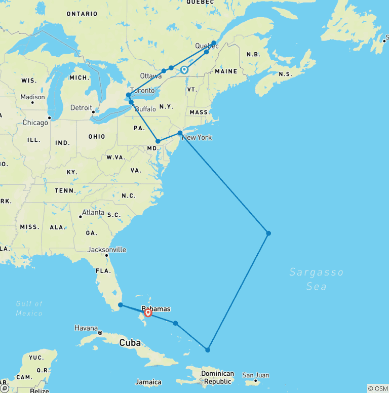 Map of Eastern Canada, USA & Bahamas Discovery - Cruise & Land Journey