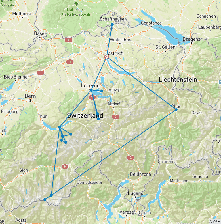 Map of 10 Days Switzerland Tour with Glacier Express (2N Zermatt, 2N Interlaken, 2N Lucerne and Zurich)
