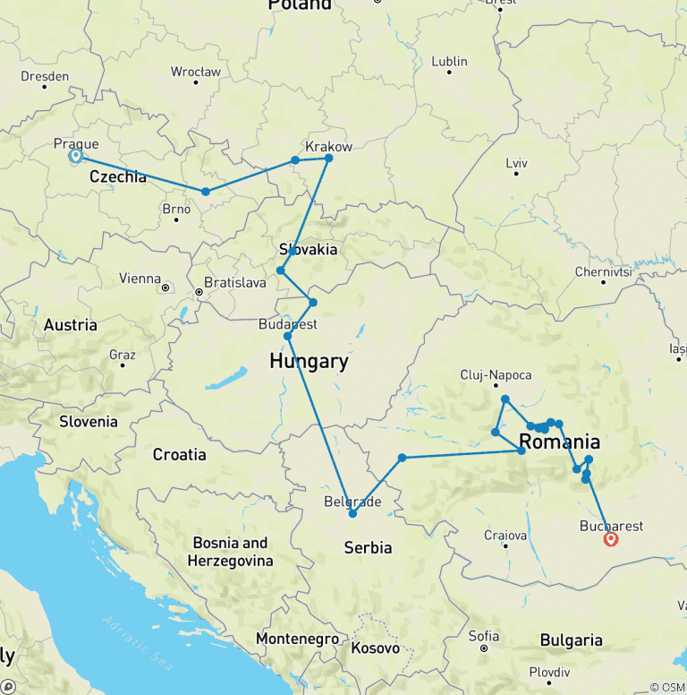 Map of Premium Prague to Bucharest (25 destinations)
