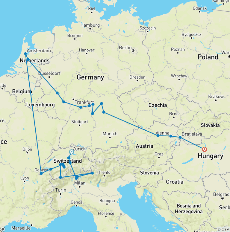 Map of Switzerland by Rail with Magnificent Europe Zurich → Budapest (2028)