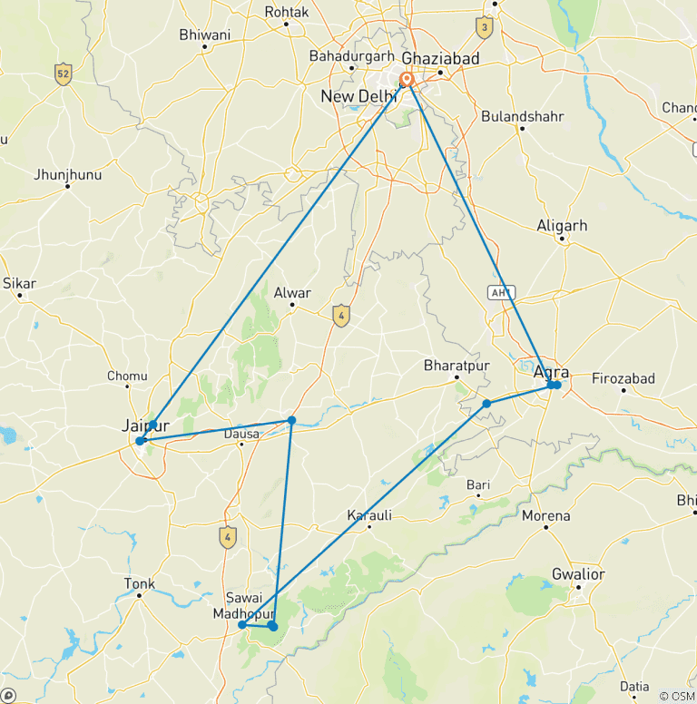 Map of Golden Triangle and Ranthambore Tiger Safari with 4 Star Hotels