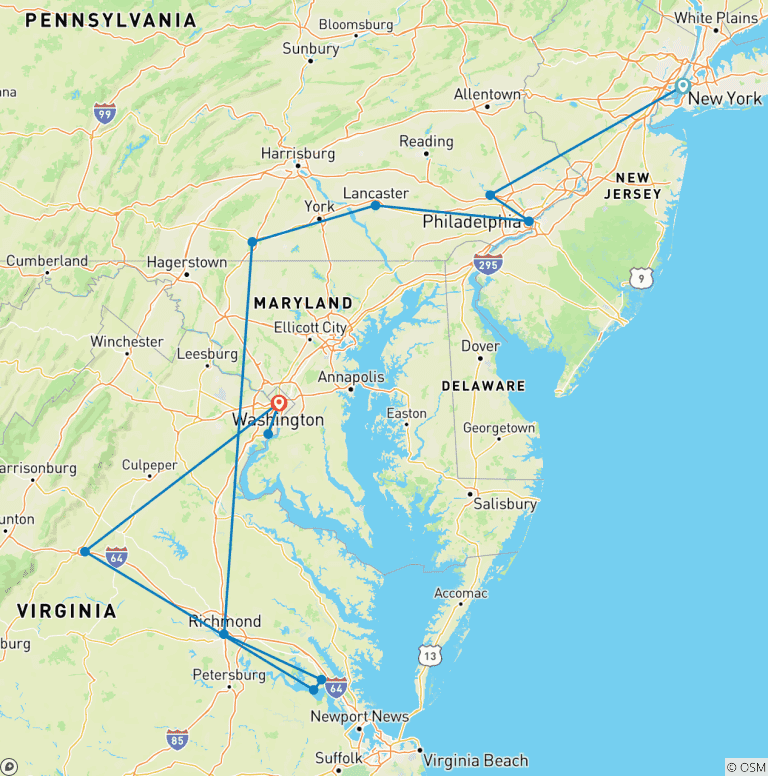 Map of Foundations of America Luxury Tour | 12-Day Historic East Coast Journey