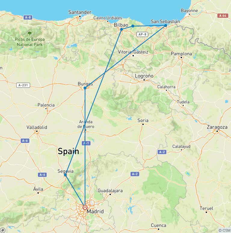 Map of Basque Country from Madrid (7 destinations)