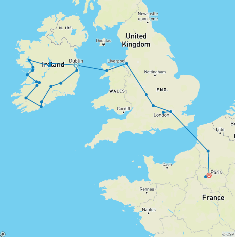 Map of Ireland, the United Kingdom and Paris (28 destinations)