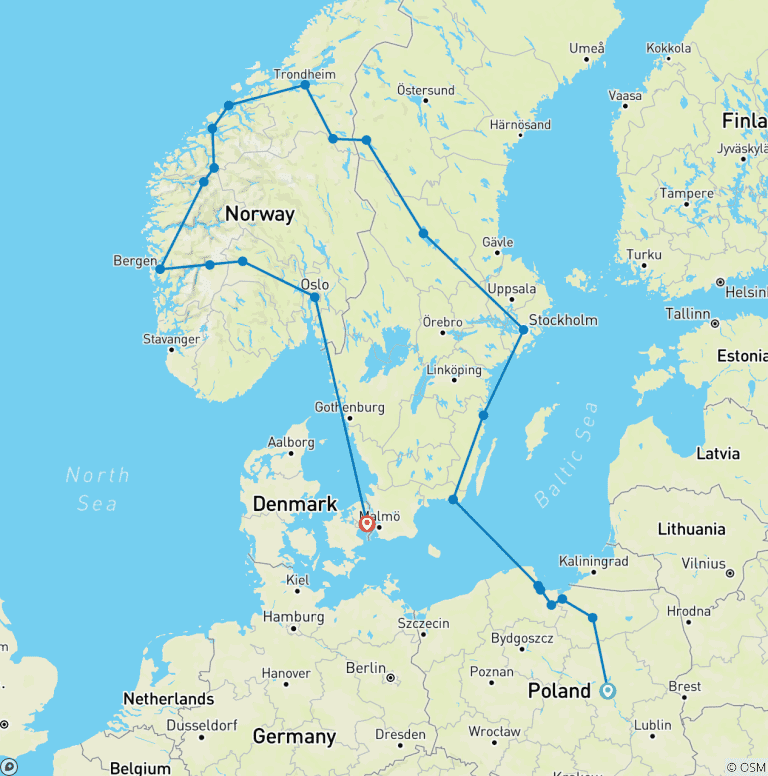 Map of Fabulous Poland and Fjords End Copenhagen (22 destinations)