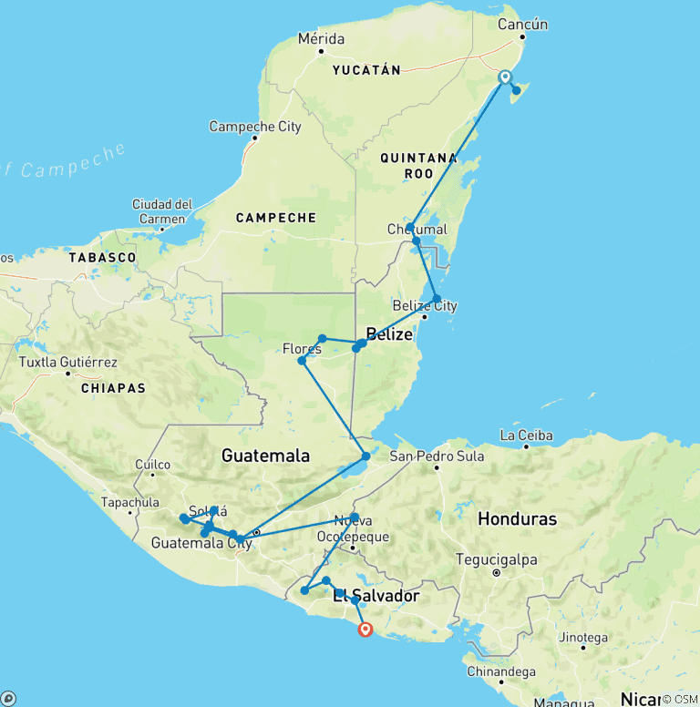 Map of Route of the Maya (35 destinations)