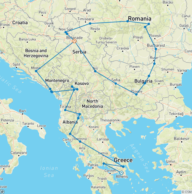 Map of Discover the Heart of the Balkans in 28 Days; Semi - Private Tour with Dedicated Tour Leader & Car