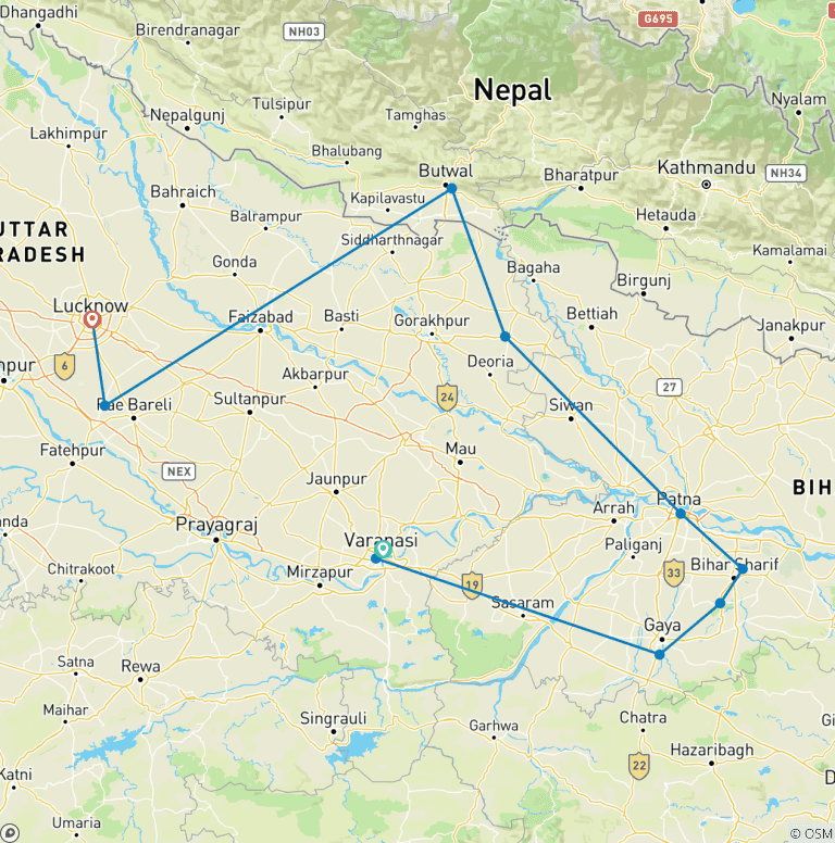 Map of India Buddhist Tour 7 Days (3, 4 & 5 Star Hotel Options)
