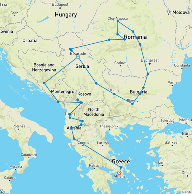 Map of Balkan Odyssey in 28 Days; Semi - Private Tour with Dedicated Tour Leader & Ca