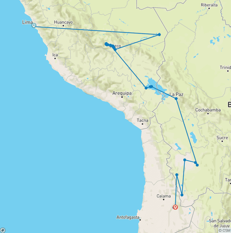 Map of Peru & Bolivia Encounter (from Lima to San Pedro De Atacama)
