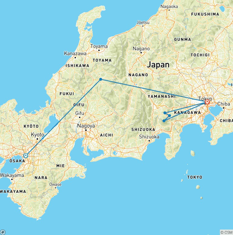 Map of 10-Day Japan Discovery Tour by Train: Osaka, Takayama, Tokyo & Mount Fuji