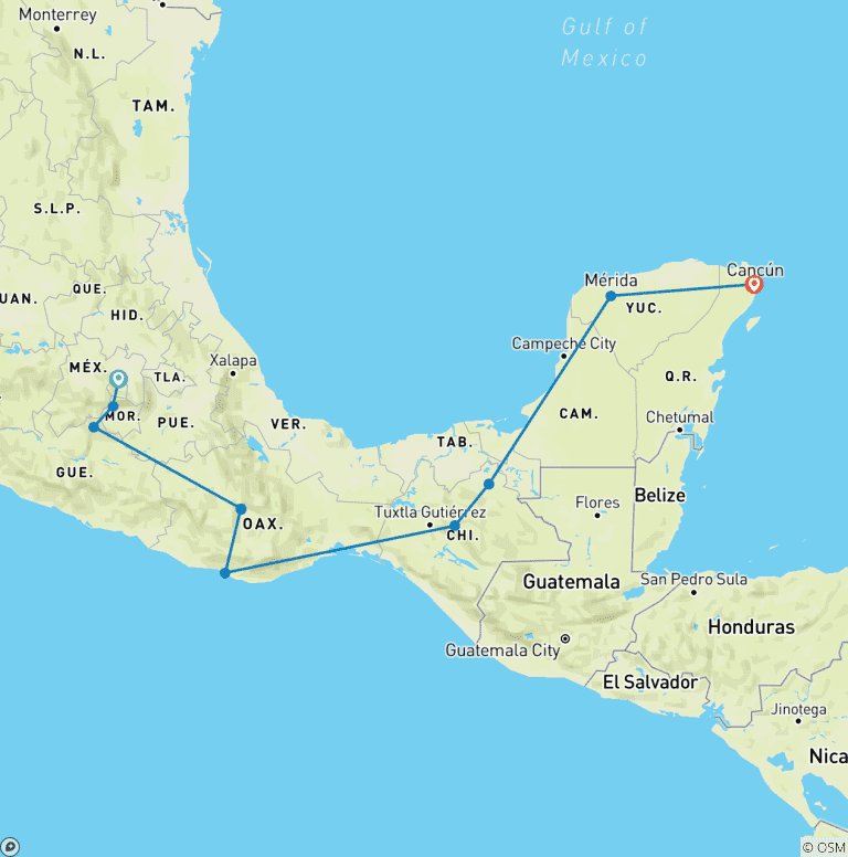 Map of 13-Day Mexico Backpacking Adventure: Capital to Yucatan