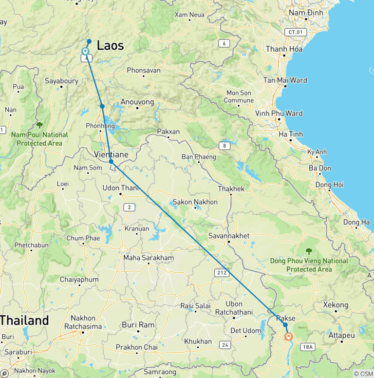 Map of Explore Laos from North to South: Luang Prabang, Vang Vieng, Vientiane, Bolaven Plateau & 4000 Islands