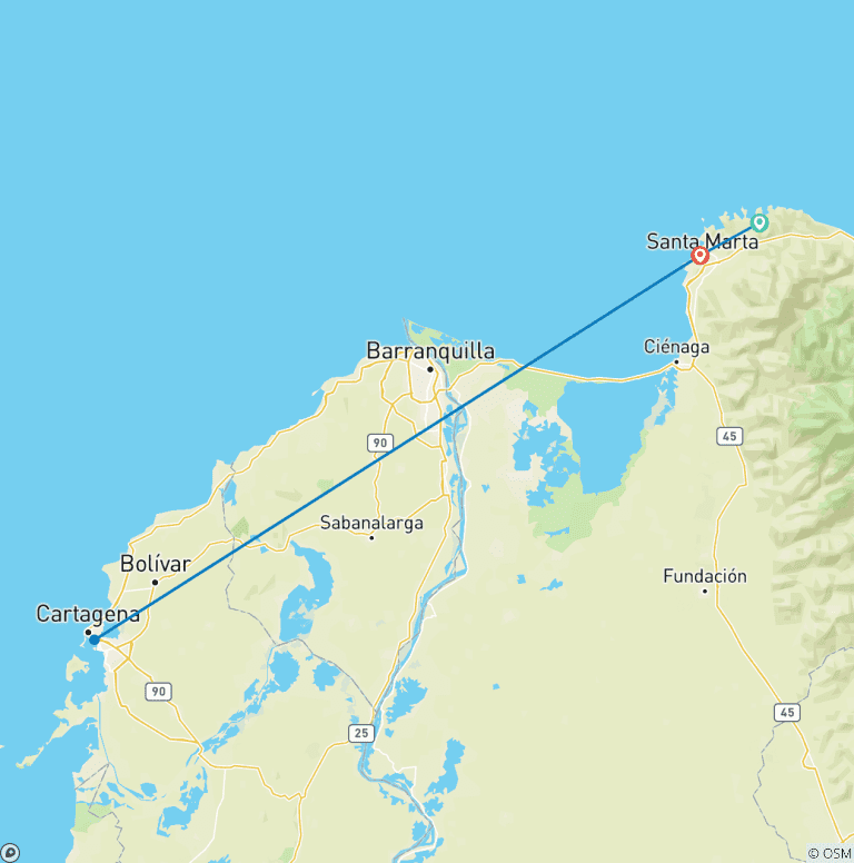Map of UNESCO Heritage Tour & Cartagena: 6-Day Motorcycle Tour from Santa Marta